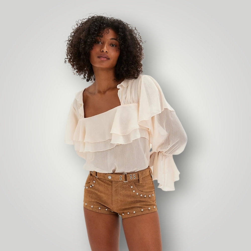 Intimately Free People Cream‎ Ruffle Bodysuit Large Mob Wife Coquette Balletcore
